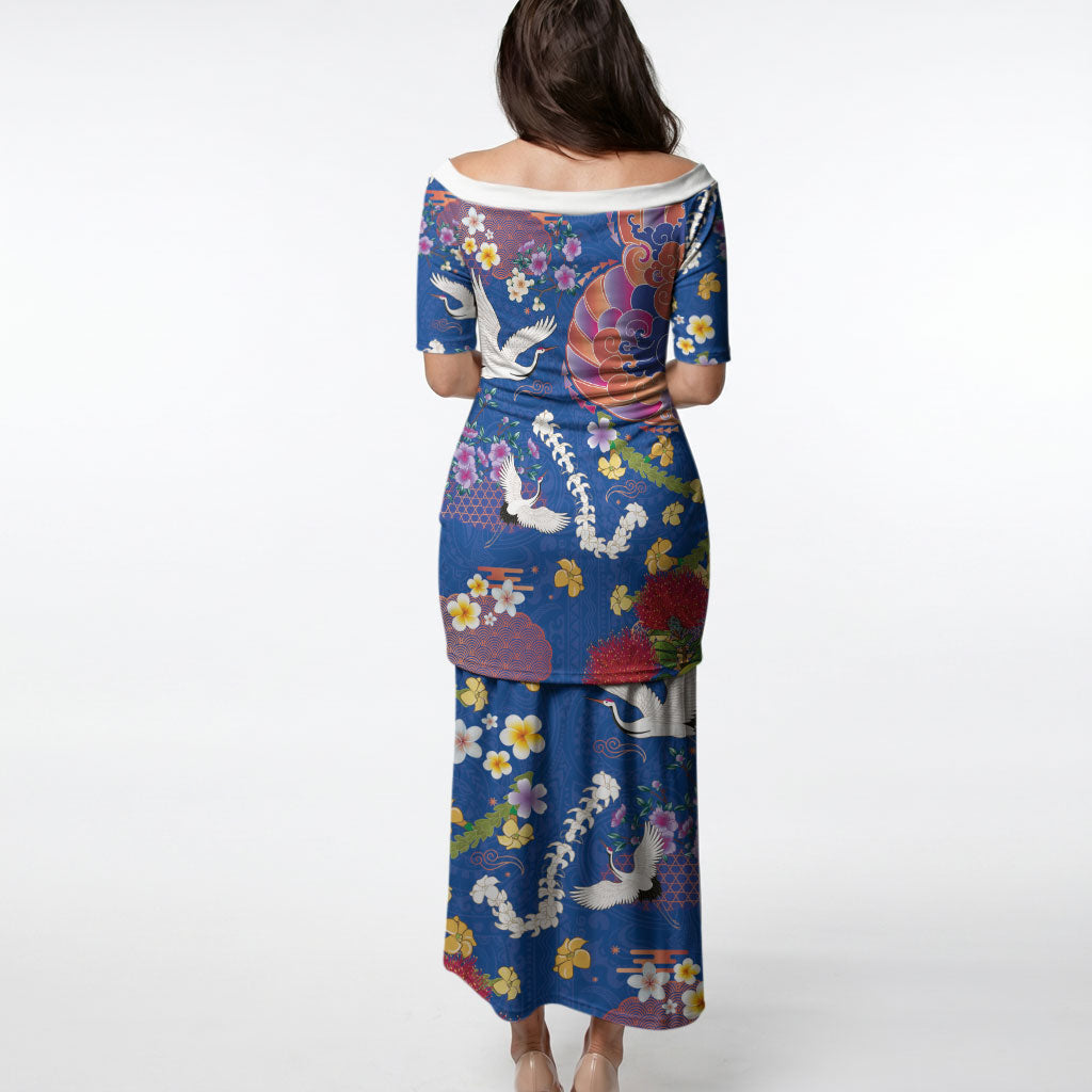 Hawaiian and Japanese Culture Together Puletasi Kakau Tribal Pattern and Irezumi Art Blue Color LT03 - Polynesian Pride