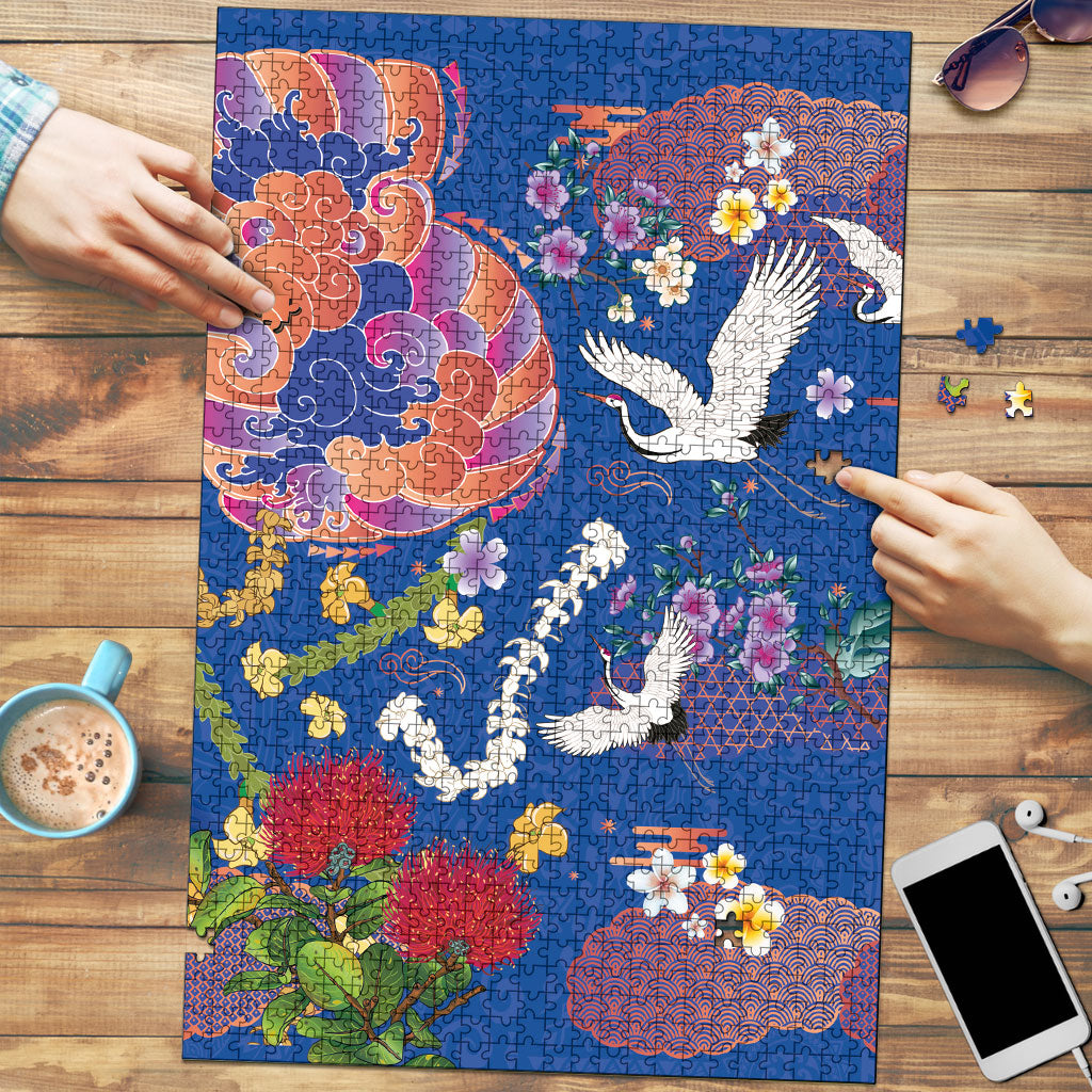 Hawaiian and Japanese Culture Together Puzzle Kakau Tribal Pattern and Irezumi Art Blue Color LT03 Blue - Polynesian Pride