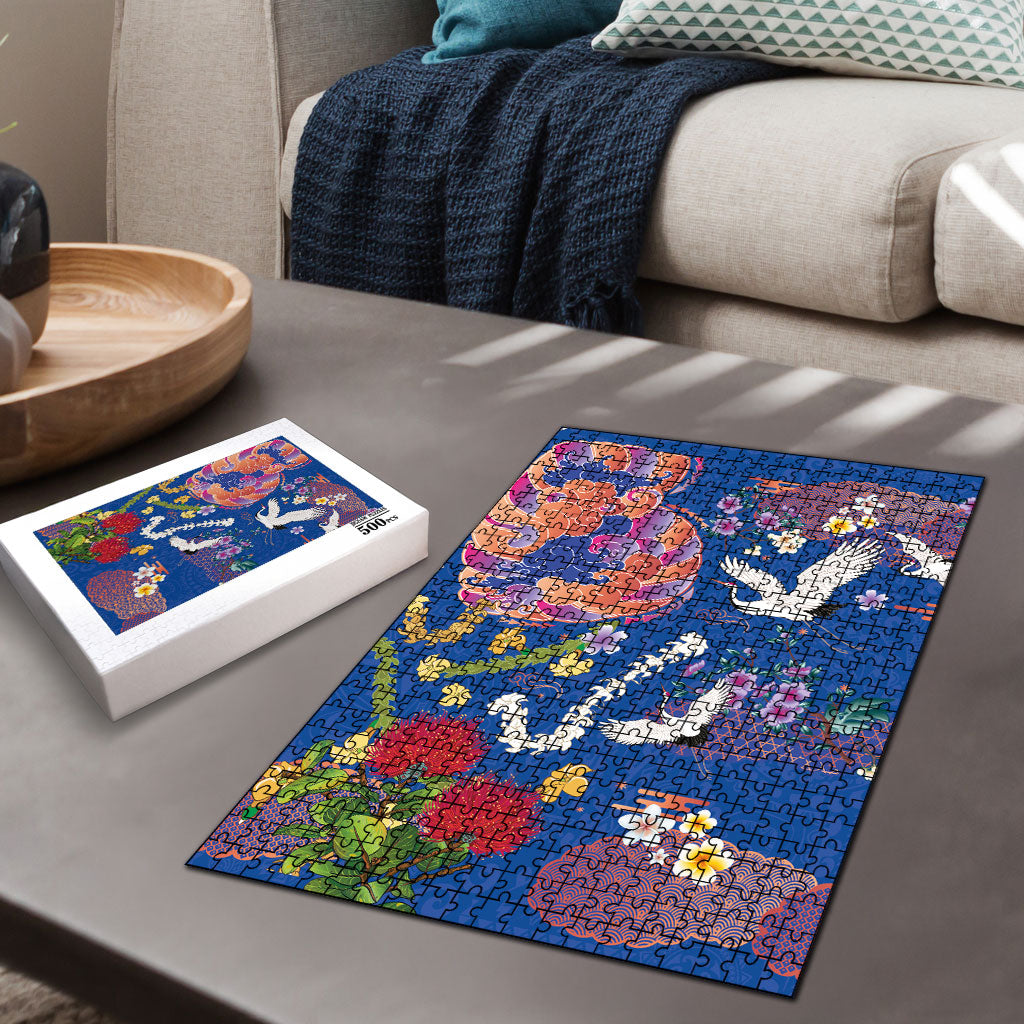 Hawaiian and Japanese Culture Together Puzzle Kakau Tribal Pattern and Irezumi Art Blue Color LT03 - Polynesian Pride