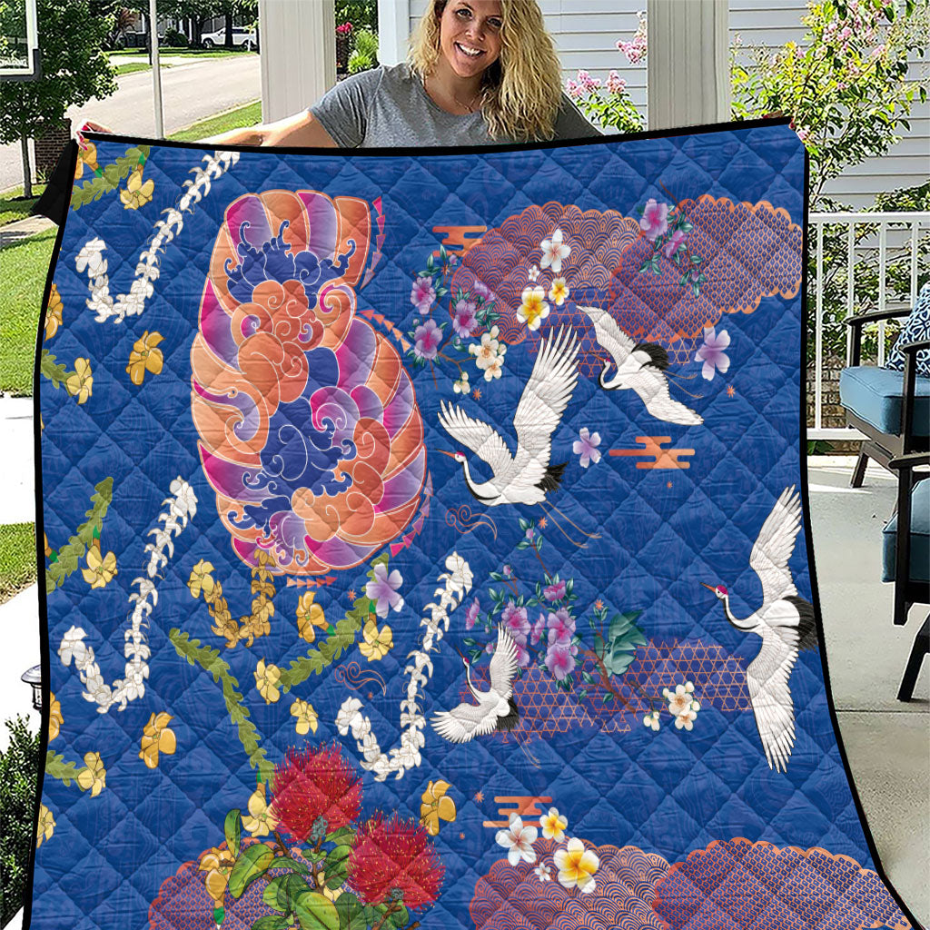 Hawaiian and Japanese Culture Together Quilt Kakau Tribal Pattern and Irezumi Art Blue Color LT03 Blue - Polynesian Pride