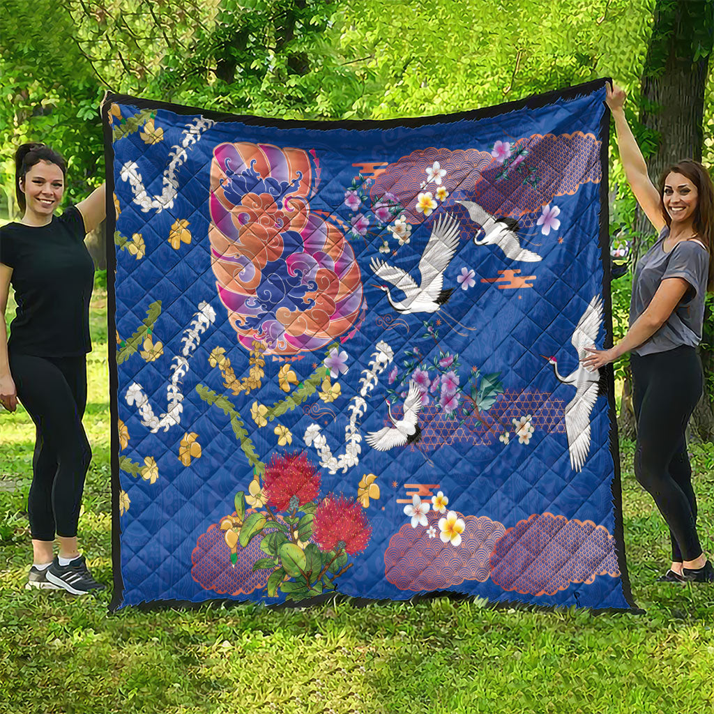 Hawaiian and Japanese Culture Together Quilt Kakau Tribal Pattern and Irezumi Art Blue Color LT03 - Polynesian Pride