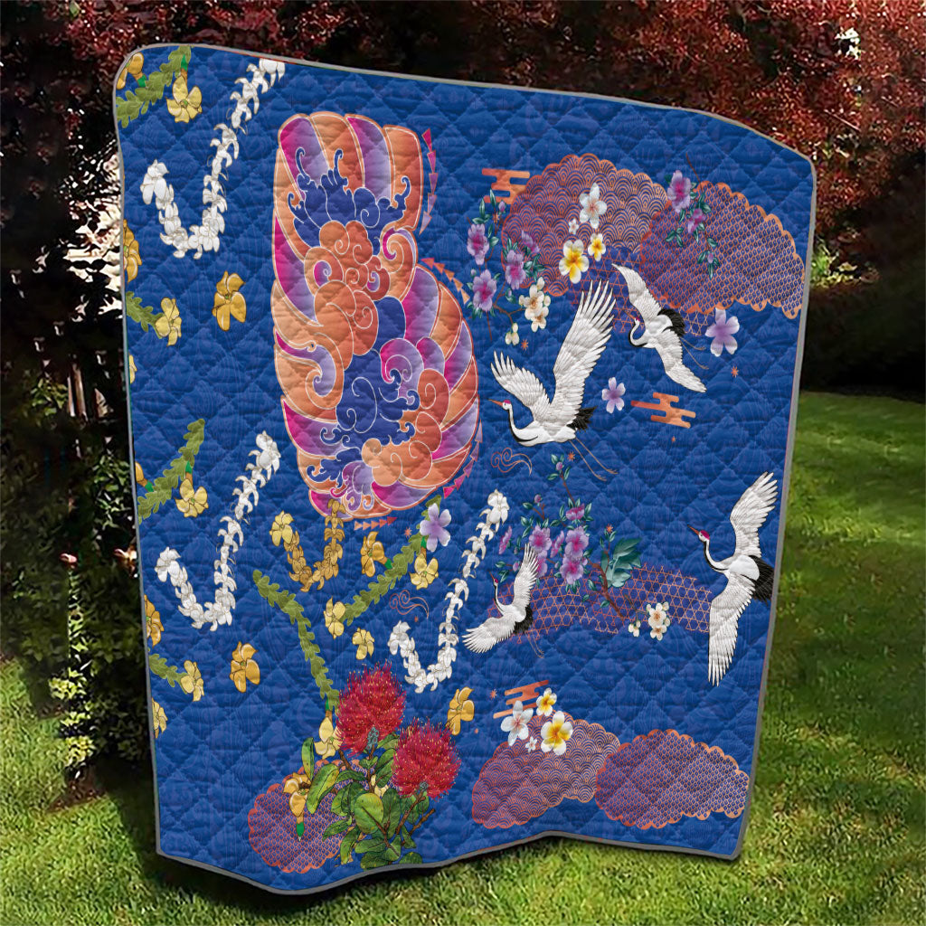 Hawaiian and Japanese Culture Together Quilt Kakau Tribal Pattern and Irezumi Art Blue Color LT03 - Polynesian Pride