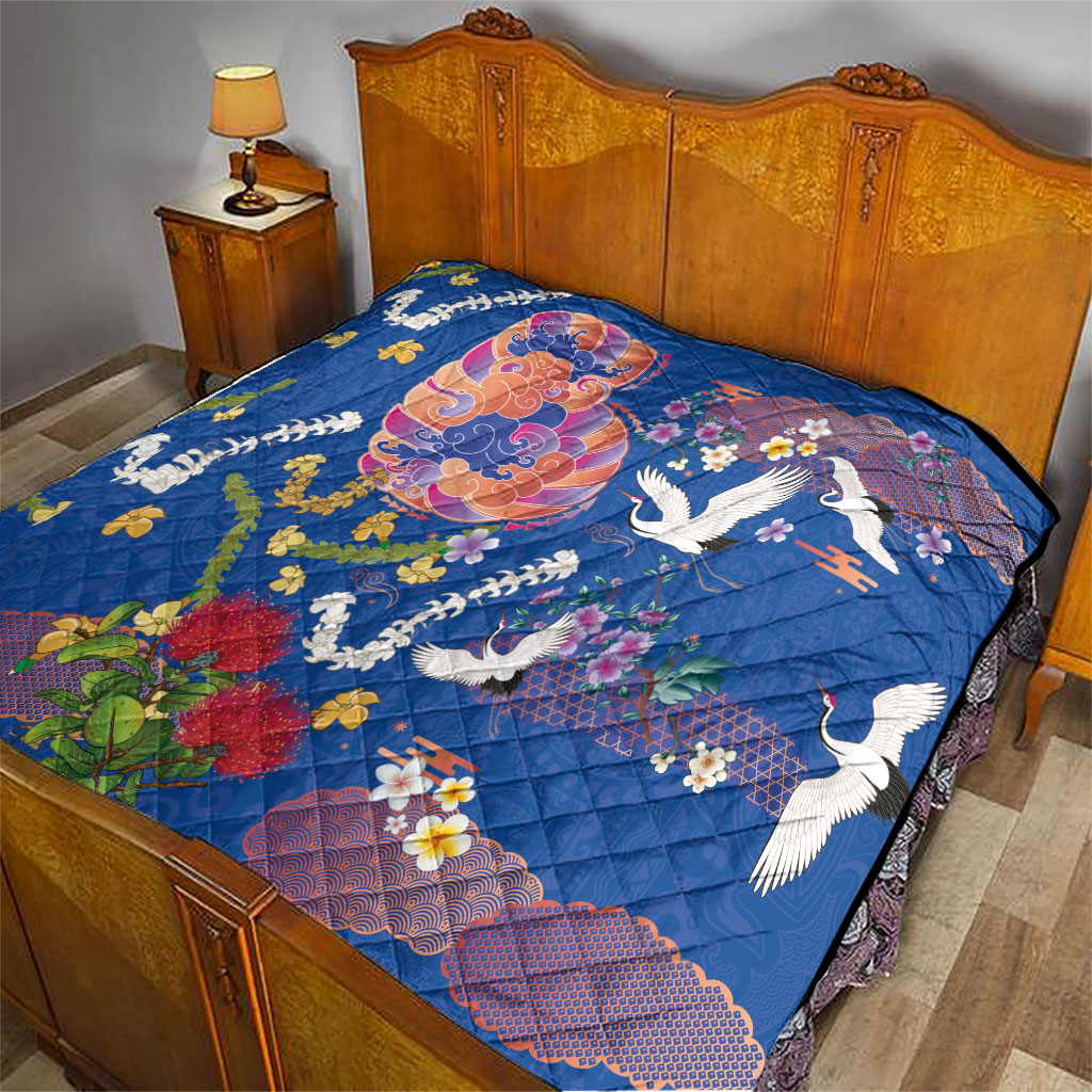Hawaiian and Japanese Culture Together Quilt Kakau Tribal Pattern and Irezumi Art Blue Color LT03 - Polynesian Pride