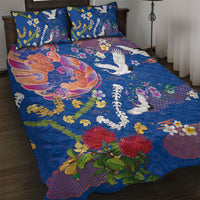 Hawaiian and Japanese Culture Together Quilt Bed Set Kakau Tribal Pattern and Irezumi Art Blue Color LT03 Blue - Polynesian Pride