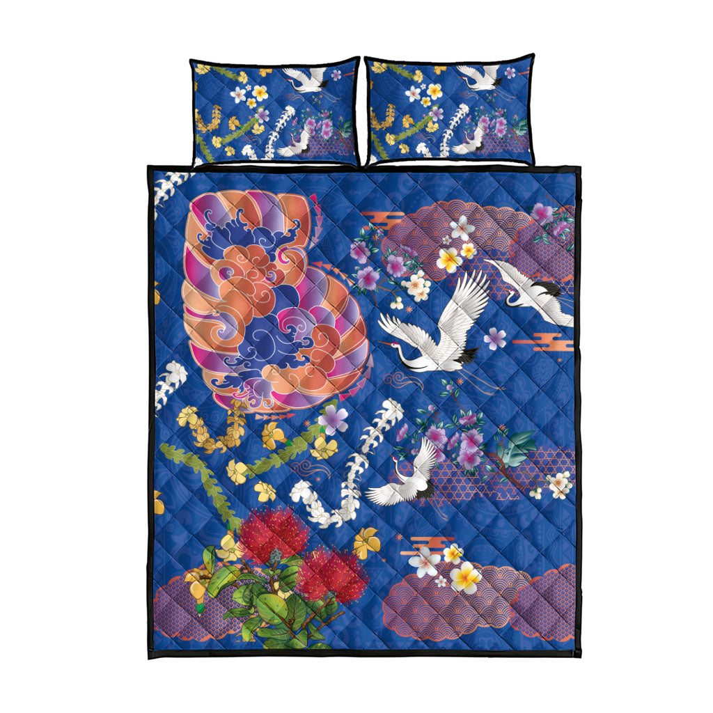 Hawaiian and Japanese Culture Together Quilt Bed Set Kakau Tribal Pattern and Irezumi Art Blue Color LT03 - Polynesian Pride