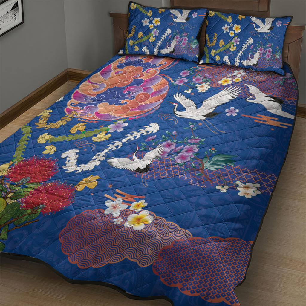 Hawaiian and Japanese Culture Together Quilt Bed Set Kakau Tribal Pattern and Irezumi Art Blue Color LT03 - Polynesian Pride