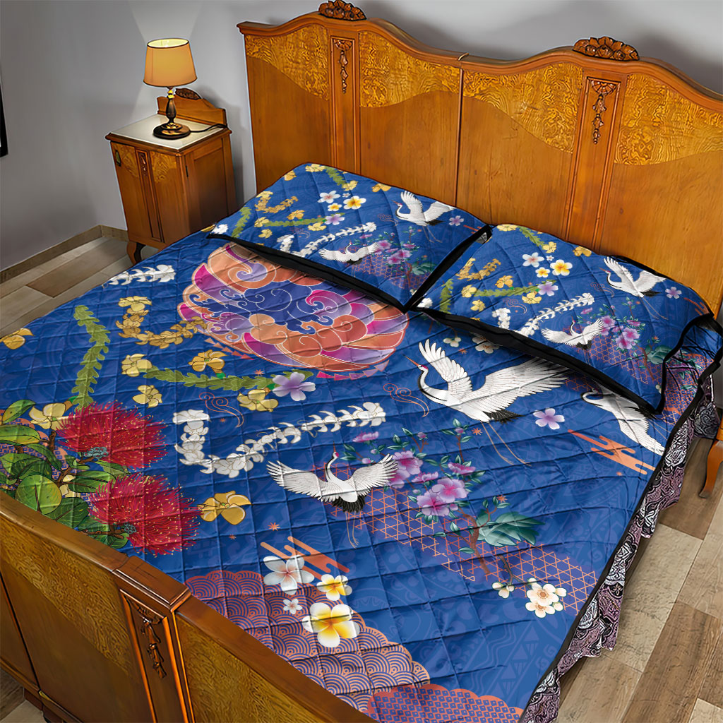 Hawaiian and Japanese Culture Together Quilt Bed Set Kakau Tribal Pattern and Irezumi Art Blue Color LT03 - Polynesian Pride