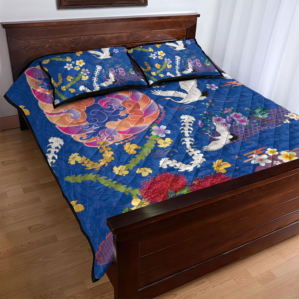 Hawaiian and Japanese Culture Together Quilt Bed Set Kakau Tribal Pattern and Irezumi Art Blue Color LT03 - Polynesian Pride