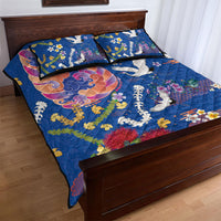 Hawaiian and Japanese Culture Together Quilt Bed Set Kakau Tribal Pattern and Irezumi Art Blue Color LT03 - Polynesian Pride