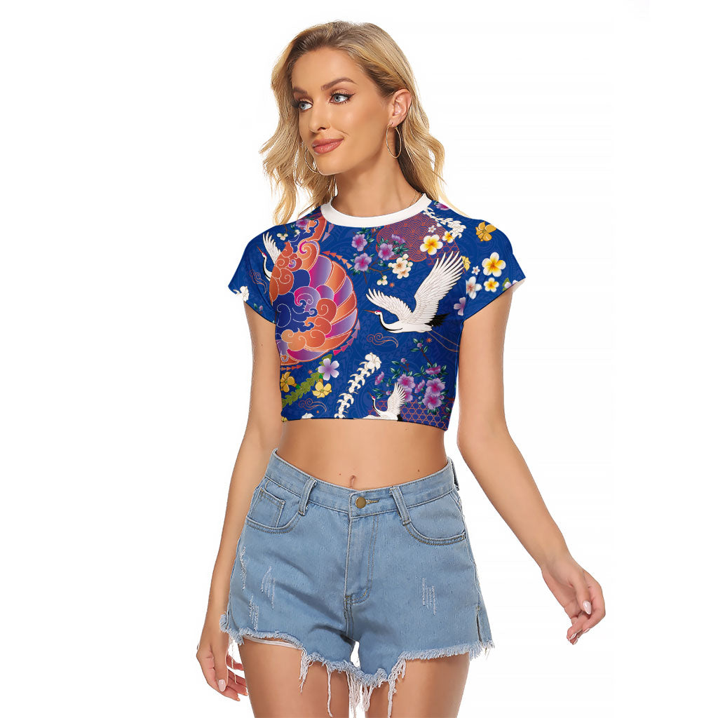 Hawaiian and Japanese Culture Together Raglan Cropped T Shirt Kakau Tribal Pattern and Irezumi Art Blue Color LT03 Female Blue - Polynesian Pride