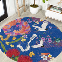 Hawaiian and Japanese Culture Together Round Carpet Kakau Tribal Pattern and Irezumi Art Blue Color LT03 Blue - Polynesian Pride