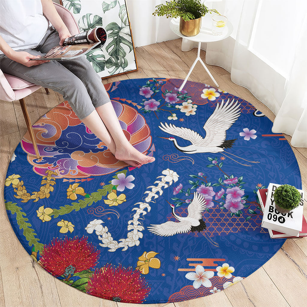 Hawaiian and Japanese Culture Together Round Carpet Kakau Tribal Pattern and Irezumi Art Blue Color LT03 - Polynesian Pride