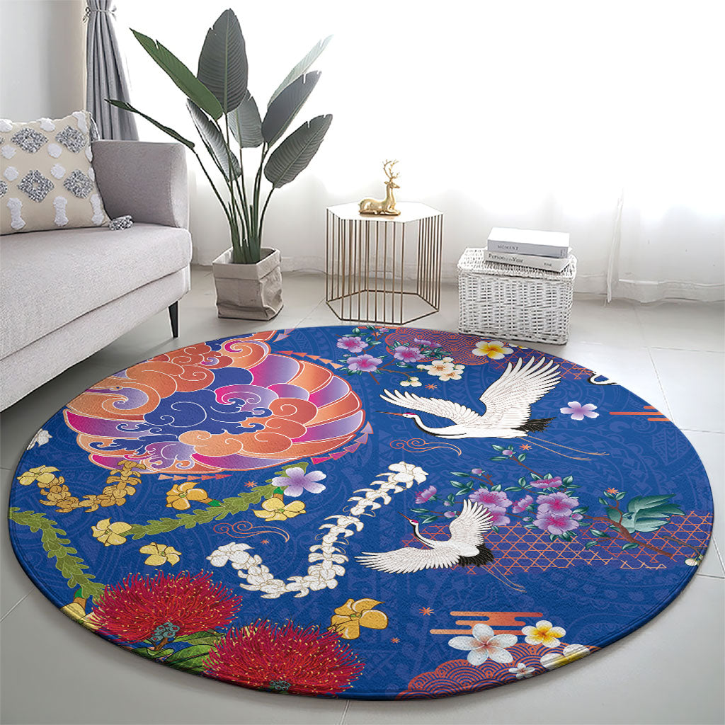 Hawaiian and Japanese Culture Together Round Carpet Kakau Tribal Pattern and Irezumi Art Blue Color LT03 - Polynesian Pride