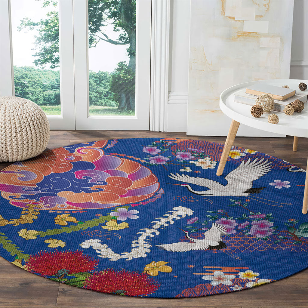 Hawaiian and Japanese Culture Together Round Carpet Kakau Tribal Pattern and Irezumi Art Blue Color LT03 - Polynesian Pride