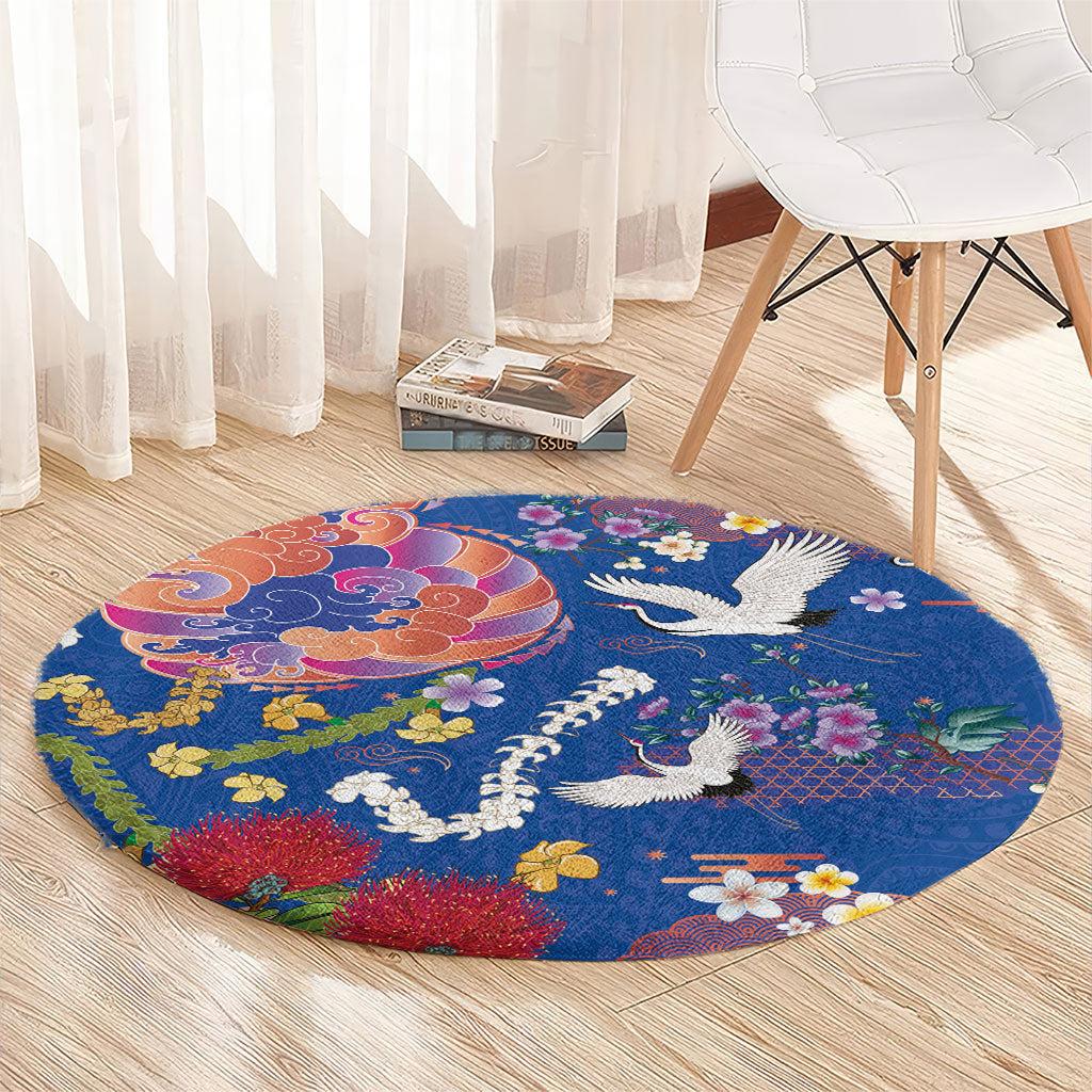 Hawaiian and Japanese Culture Together Round Carpet Kakau Tribal Pattern and Irezumi Art Blue Color LT03 - Polynesian Pride