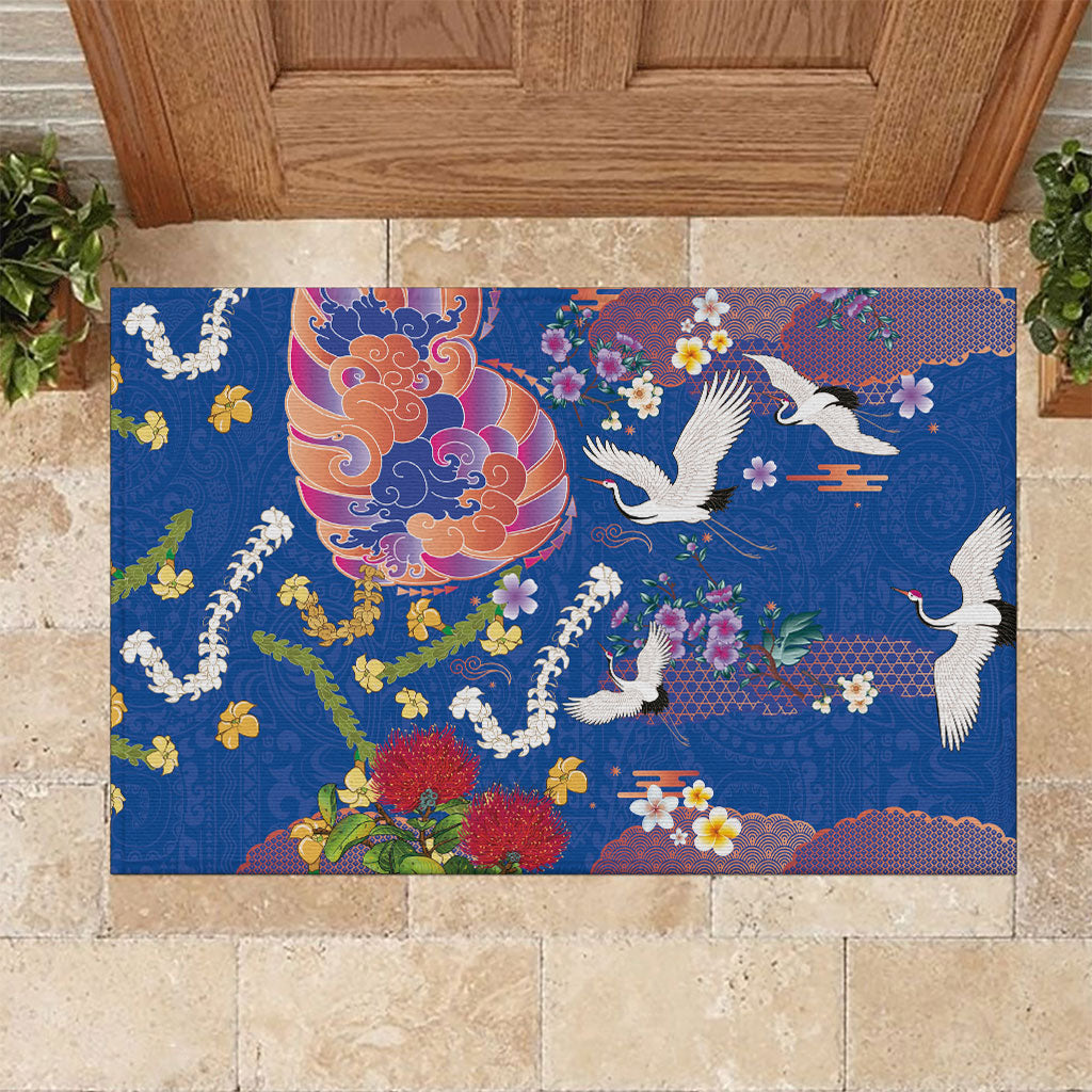 Hawaiian and Japanese Culture Together Rubber Doormat Kakau Tribal Pattern and Irezumi Art Blue Color LT03 Blue - Polynesian Pride