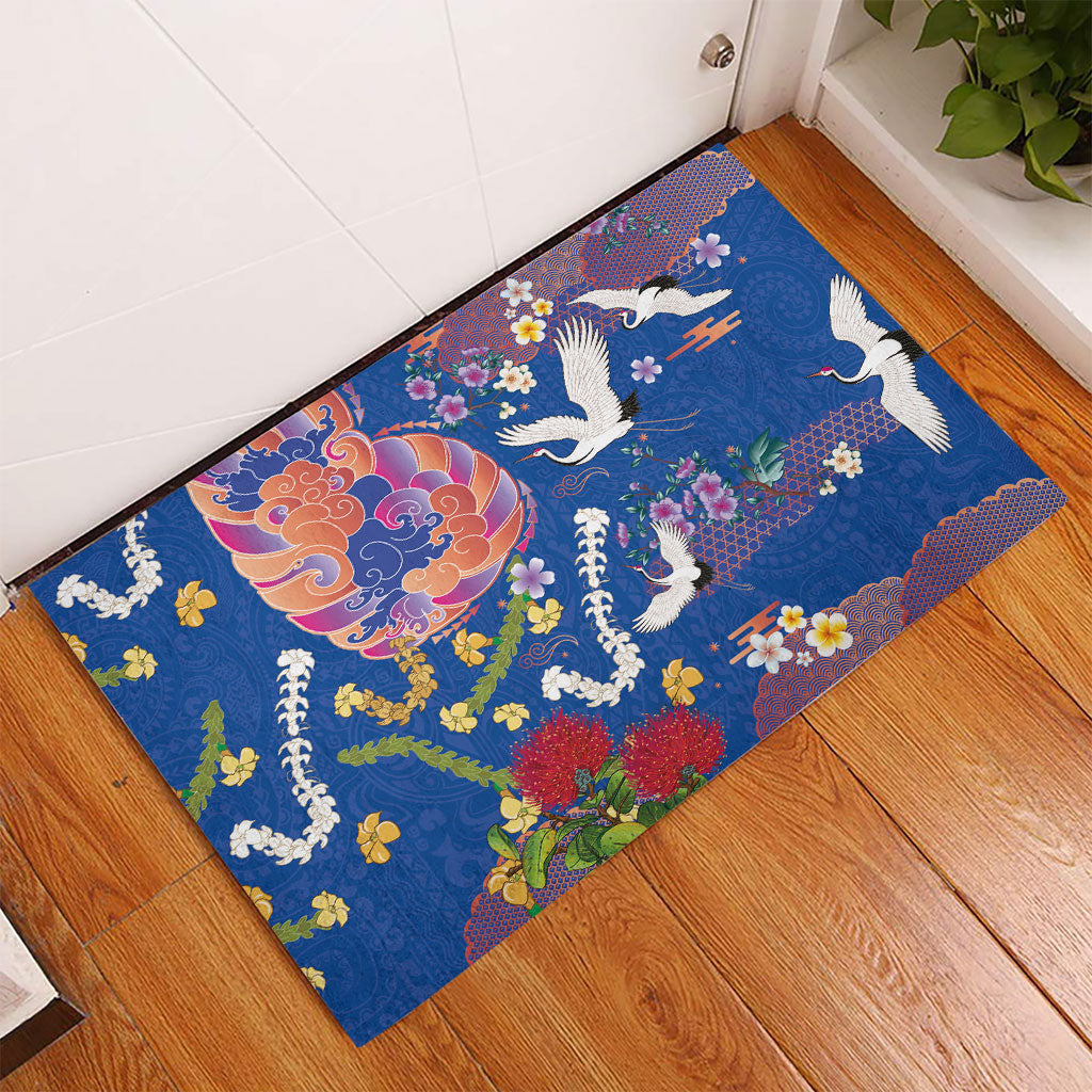 Hawaiian and Japanese Culture Together Rubber Doormat Kakau Tribal Pattern and Irezumi Art Blue Color LT03 - Polynesian Pride