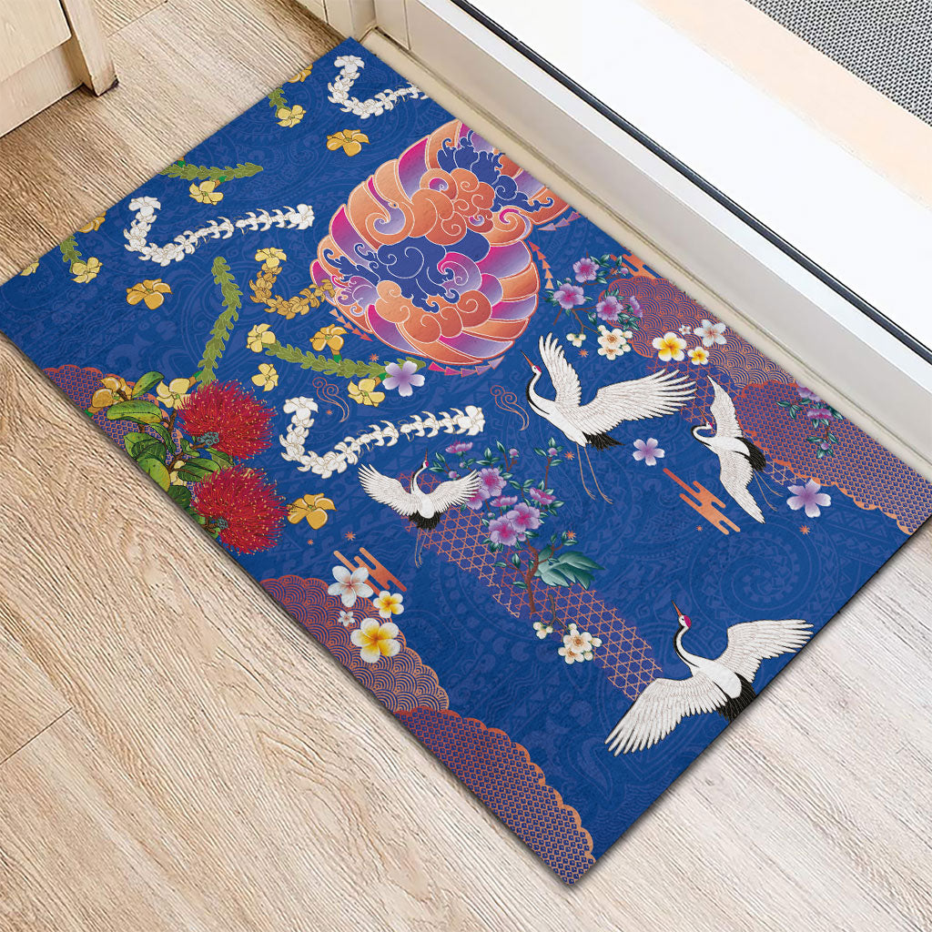Hawaiian and Japanese Culture Together Rubber Doormat Kakau Tribal Pattern and Irezumi Art Blue Color LT03 - Polynesian Pride