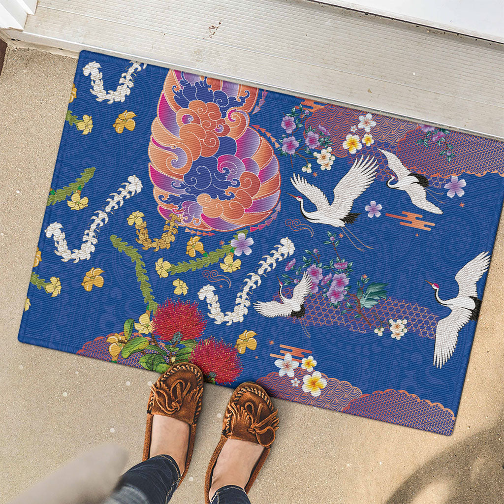 Hawaiian and Japanese Culture Together Rubber Doormat Kakau Tribal Pattern and Irezumi Art Blue Color LT03 - Polynesian Pride