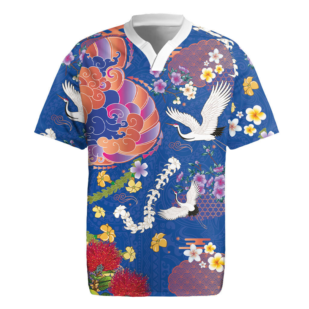 Hawaiian and Japanese Culture Together Rugby Jersey Kakau Tribal Pattern and Irezumi Art Blue Color LT03 Blue - Polynesian Pride