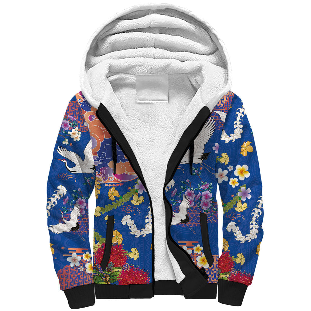 Hawaiian and Japanese Culture Together Sherpa Hoodie Kakau Tribal Pattern and Irezumi Art Blue Color LT03 Unisex Blue - Polynesian Pride