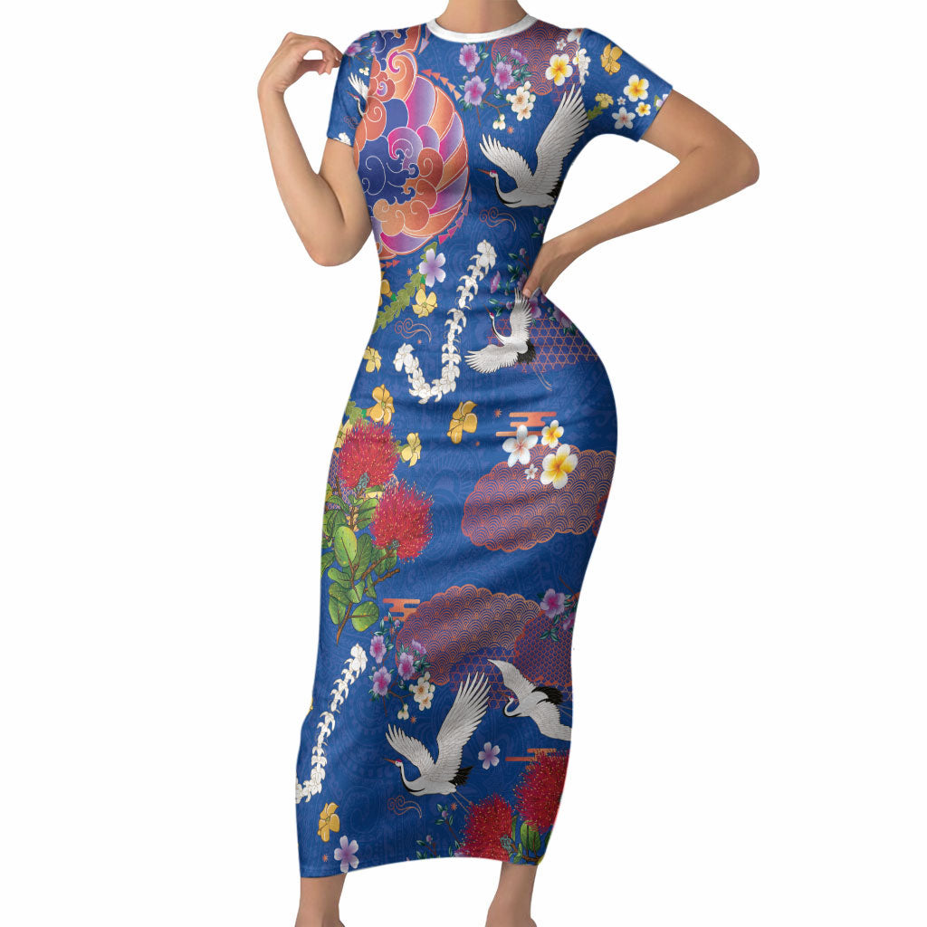 Hawaiian and Japanese Culture Together Short Sleeve Bodycon Dress Kakau Tribal Pattern and Irezumi Art Blue Color LT03 Long Dress Blue - Polynesian Pride