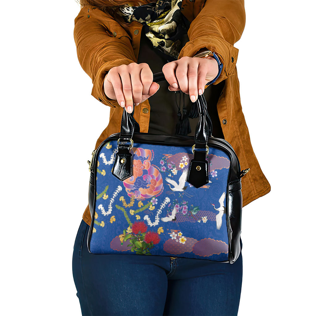 Hawaiian and Japanese Culture Together Shoulder Handbag Kakau Tribal Pattern and Irezumi Art Blue Color LT03 One Size Blue - Polynesian Pride