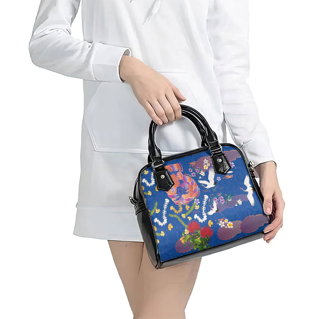 Hawaiian and Japanese Culture Together Shoulder Handbag Kakau Tribal Pattern and Irezumi Art Blue Color LT03 - Polynesian Pride