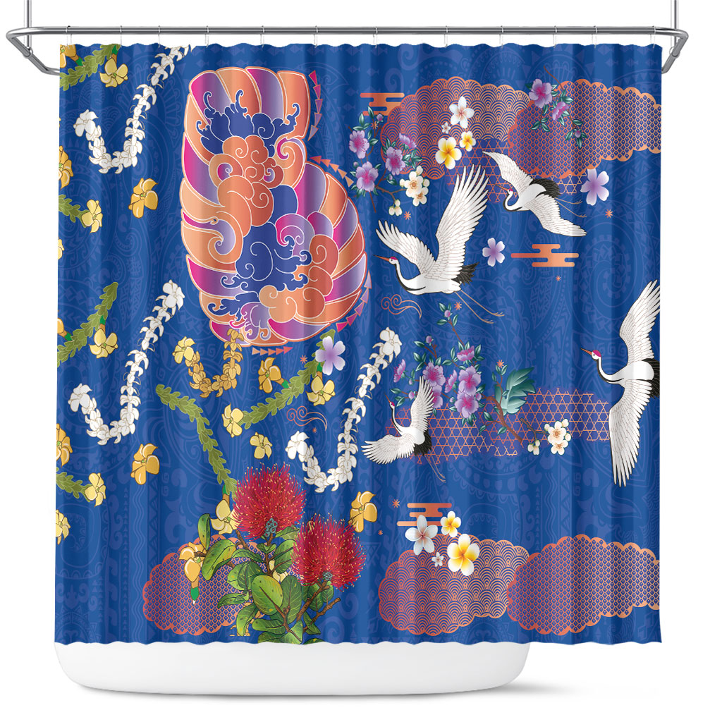 Hawaiian and Japanese Culture Together Shower Curtain Kakau Tribal Pattern and Irezumi Art Blue Color LT03 Blue - Polynesian Pride