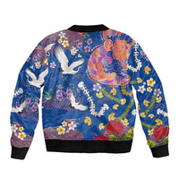 Hawaiian and Japanese Culture Together Sleeve Zip Bomber Jacket Kakau Tribal Pattern and Irezumi Art Blue Color