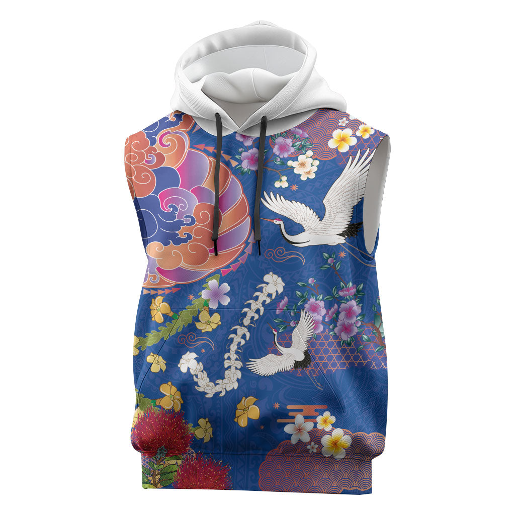 Hawaiian and Japanese Culture Together Sleeveless Hoodie Kakau Tribal Pattern and Irezumi Art Blue Color LT03 Blue - Polynesian Pride