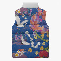 Hawaiian and Japanese Culture Together Sleeveless Puffer Jacket Kakau Tribal Pattern and Irezumi Art Blue Color