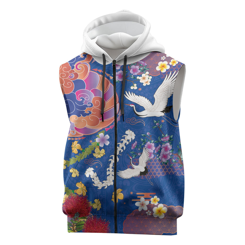 Hawaiian and Japanese Culture Together Sleeveless Zip Hoodie Kakau Tribal Pattern and Irezumi Art Blue Color LT03 Blue - Polynesian Pride