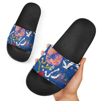Hawaiian and Japanese Culture Together Slide Sandals Kakau Tribal Pattern and Irezumi Art Blue Color LT03 - Polynesian Pride