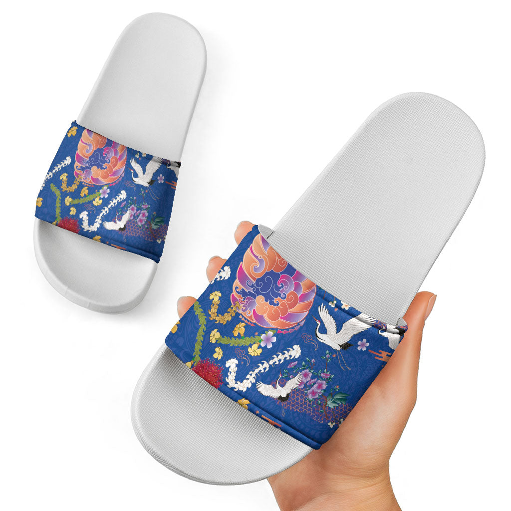 Hawaiian and Japanese Culture Together Slide Sandals Kakau Tribal Pattern and Irezumi Art Blue Color LT03 - Polynesian Pride