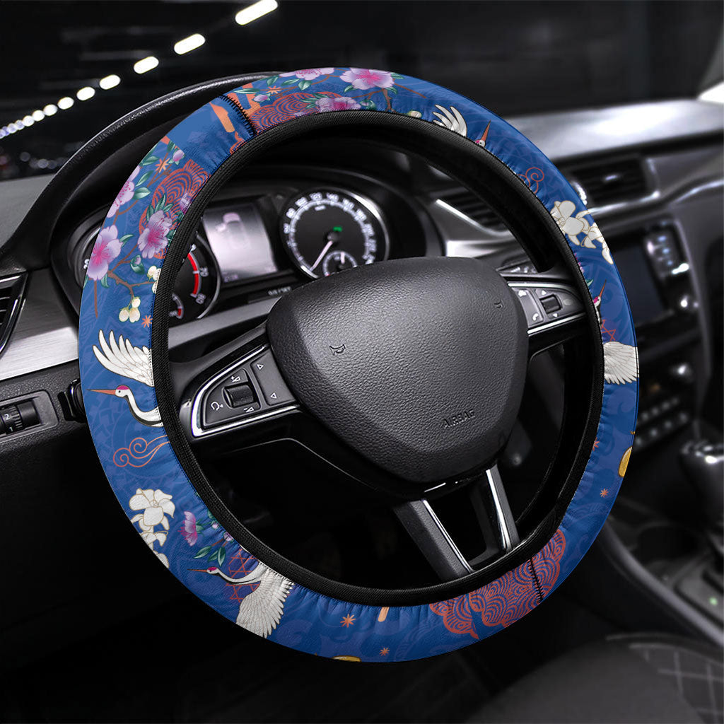 Hawaiian and Japanese Culture Together Steering Wheel Cover Kakau Tribal Pattern and Irezumi Art Blue Color LT03 Universal Fit Blue - Polynesian Pride