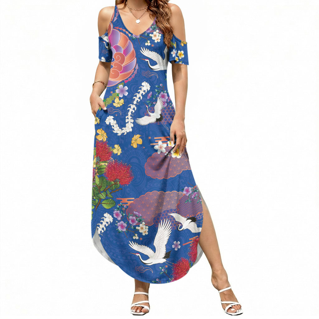 Hawaiian and Japanese Culture Together Summer Maxi Dress Kakau Tribal Pattern and Irezumi Art Blue Color LT03 Women Blue - Polynesian Pride
