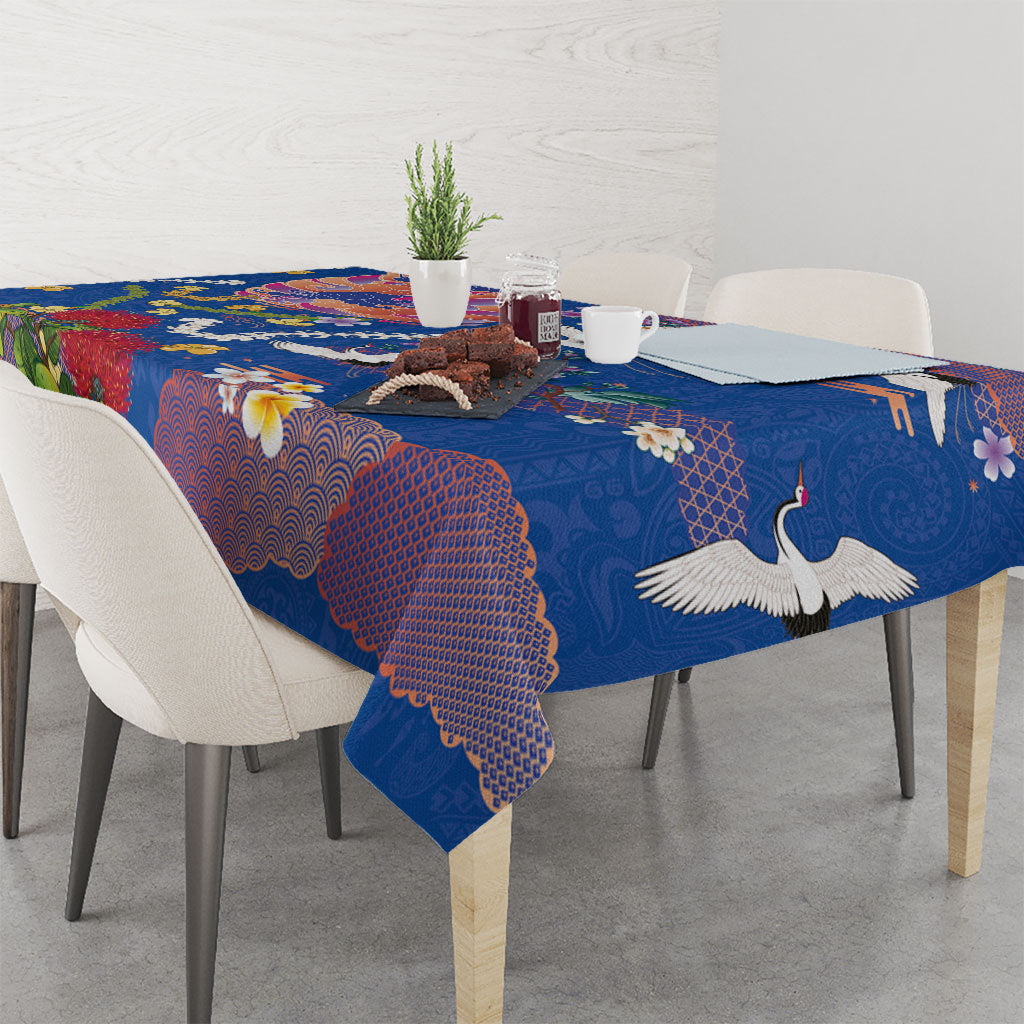 Hawaiian and Japanese Culture Together Tablecloth Kakau Tribal Pattern and Irezumi Art Blue Color LT03 - Polynesian Pride