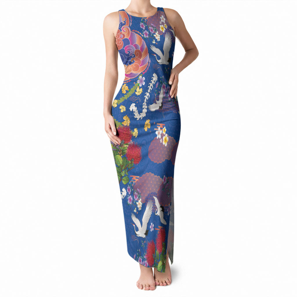 Hawaiian and Japanese Culture Together Tank Maxi Dress Kakau Tribal Pattern and Irezumi Art Blue Color LT03 Women Blue - Polynesian Pride
