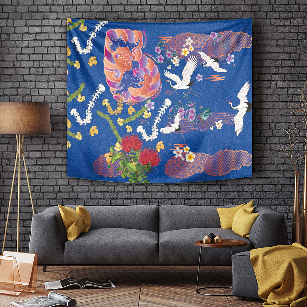 Hawaiian and Japanese Culture Together Tapestry Kakau Tribal Pattern and Irezumi Art Blue Color LT03 Blue - Polynesian Pride