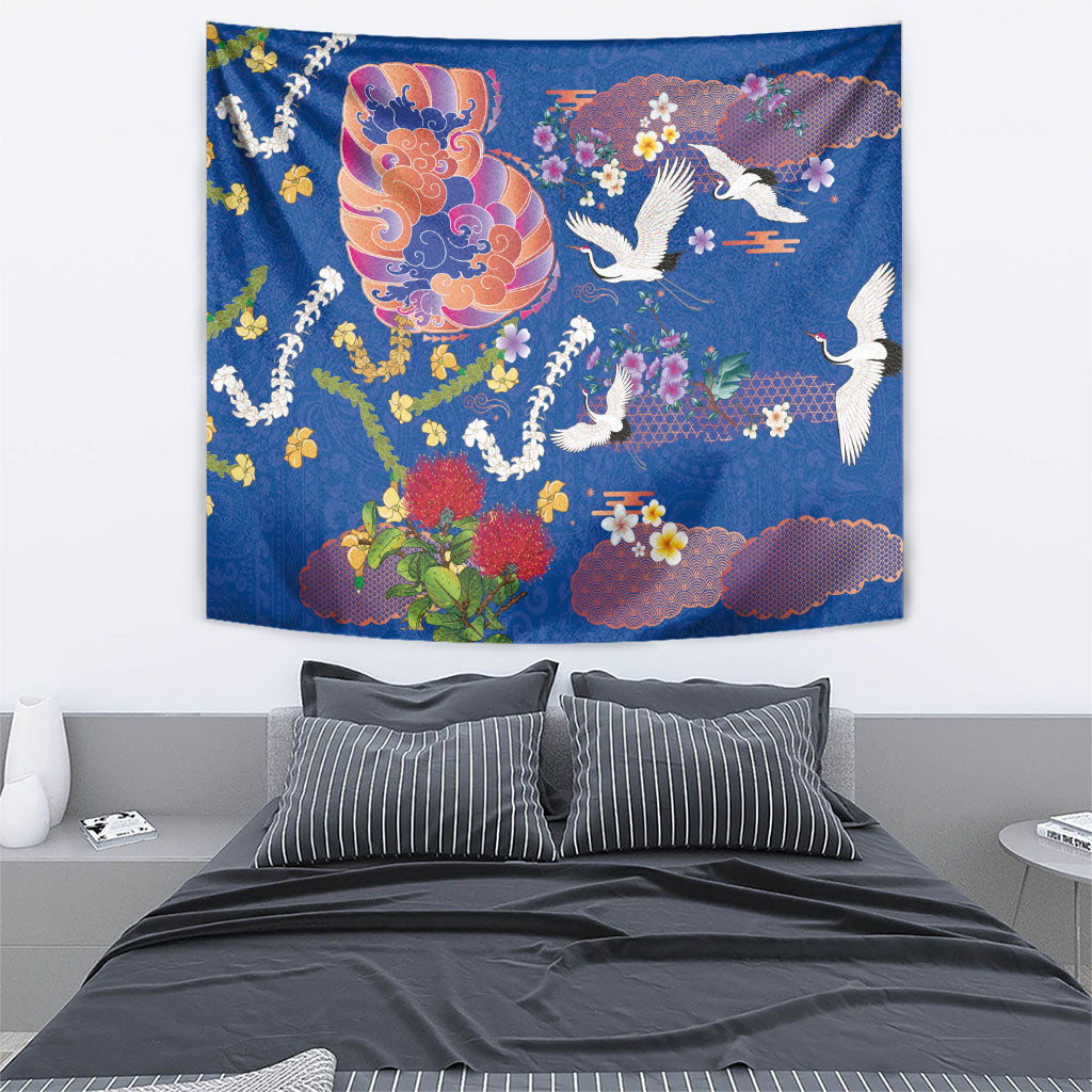 Hawaiian and Japanese Culture Together Tapestry Kakau Tribal Pattern and Irezumi Art Blue Color LT03 - Polynesian Pride