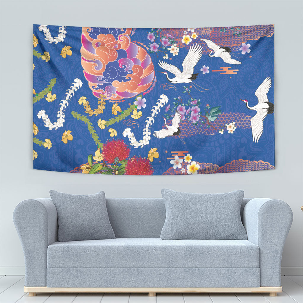 Hawaiian and Japanese Culture Together Tapestry Kakau Tribal Pattern and Irezumi Art Blue Color LT03 - Polynesian Pride