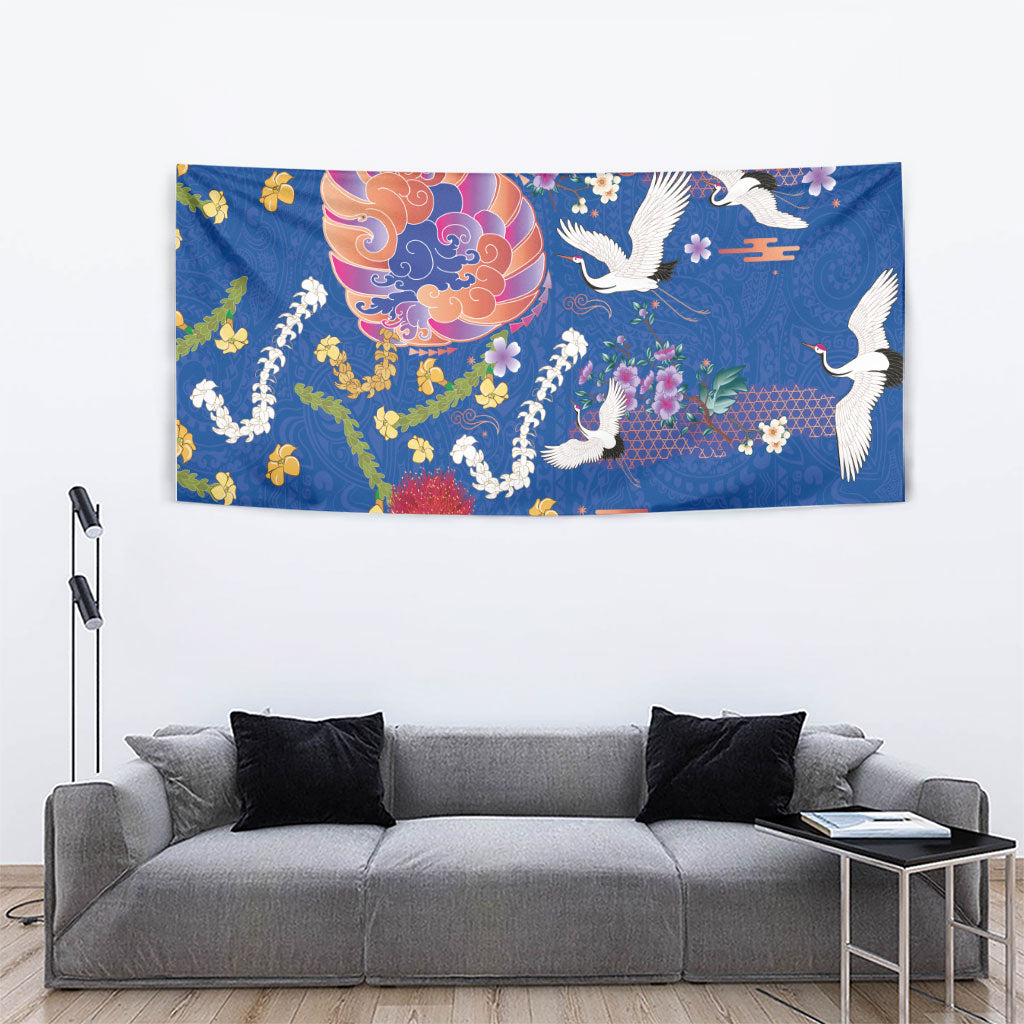 Hawaiian and Japanese Culture Together Tapestry Kakau Tribal Pattern and Irezumi Art Blue Color LT03 - Polynesian Pride