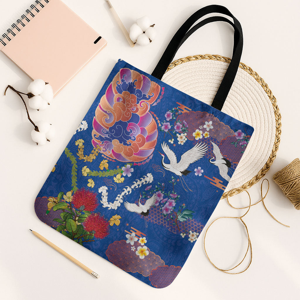 Hawaiian and Japanese Culture Together Tote Bag Kakau Tribal Pattern and Irezumi Art Blue Color LT03 Black Strap One Size Blue - Polynesian Pride