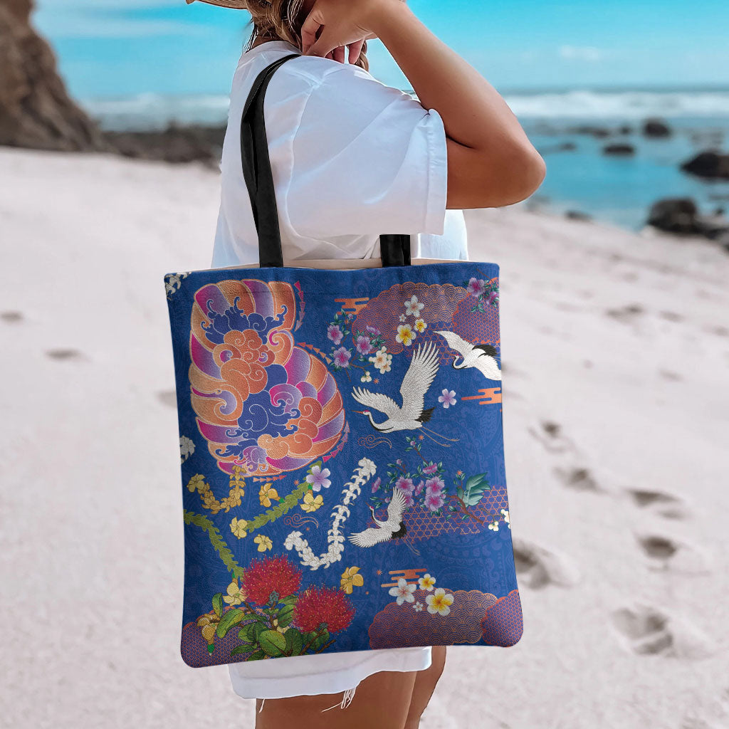 Hawaiian and Japanese Culture Together Tote Bag Kakau Tribal Pattern and Irezumi Art Blue Color LT03 - Polynesian Pride