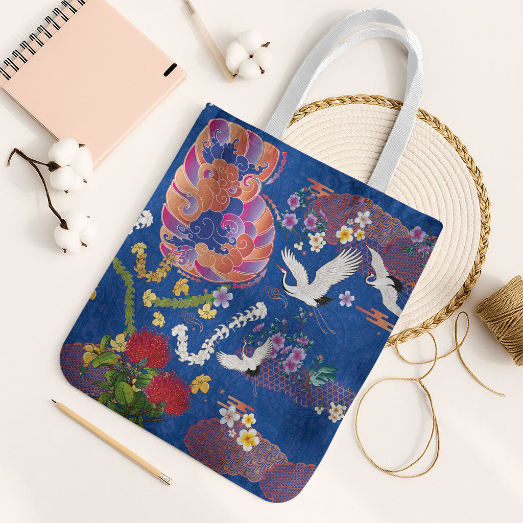 Hawaiian and Japanese Culture Together Tote Bag Kakau Tribal Pattern and Irezumi Art Blue Color LT03 White Strap One Size Blue - Polynesian Pride