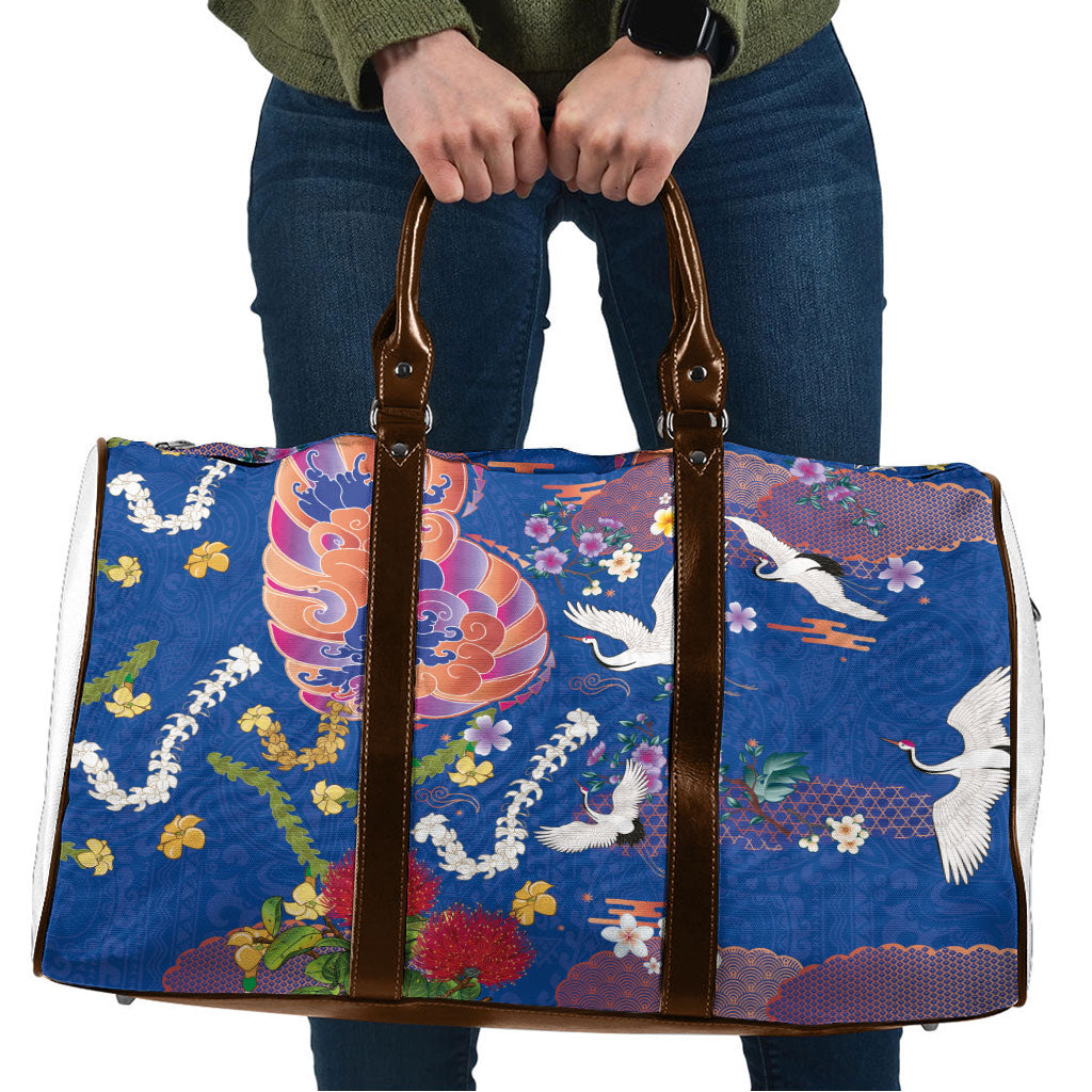 Hawaiian and Japanese Culture Together Travel Bag Kakau Tribal Pattern and Irezumi Art Blue Color LT03 Blue - Polynesian Pride