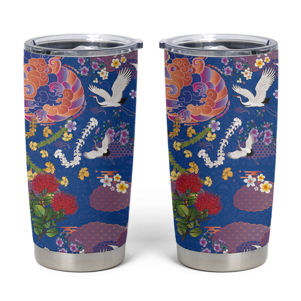 Hawaiian and Japanese Culture Together Tumbler Cup Kakau Tribal Pattern and Irezumi Art Blue Color LT03 Blue - Polynesian Pride