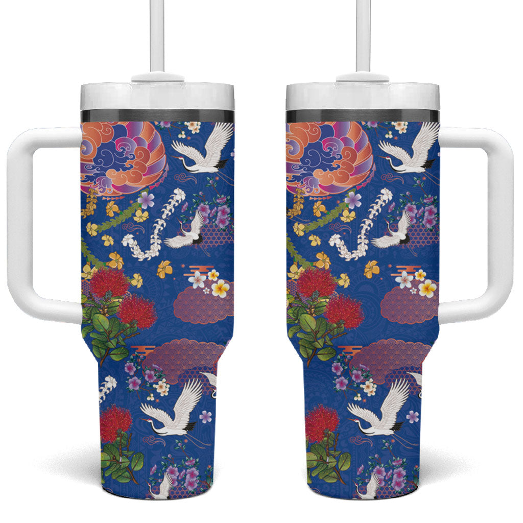 Hawaiian and Japanese Culture Together Tumbler With Handle Kakau Tribal Pattern and Irezumi Art Blue Color LT03 One Size: 40 oz Blue - Polynesian Pride