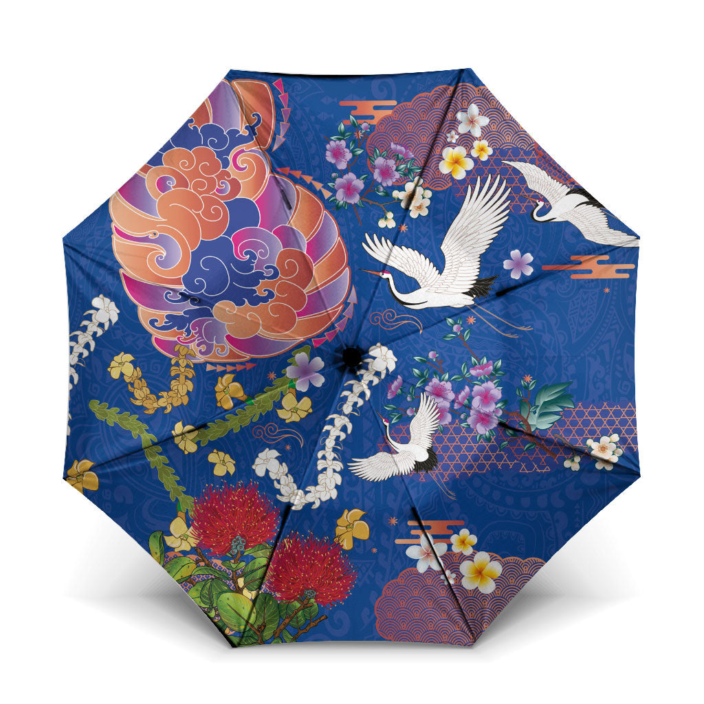 Hawaiian and Japanese Culture Together Umbrella Kakau Tribal Pattern and Irezumi Art Blue Color LT03 One Size Folded 11.42 inch Opened Diameter 37.4 inch Blue - Polynesian Pride